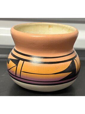 Small Navajo Hand-Painted Ceramic Seed Pot Geometric Design Tribal Artist Signed